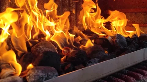 Fireplace barbecue is set on fire with firelighters and gives large flames Stock Footage 201111075