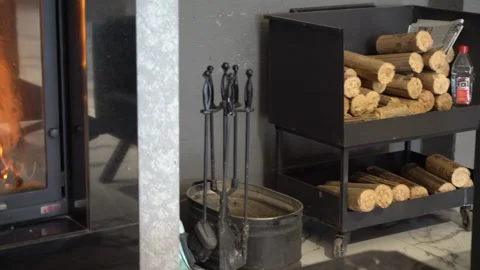 Fireplace bricks tools, Closeup of flames burning. Burning Fire In The Fireplace Stock Footage 298316253
