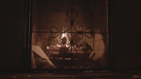 Fireplace Burning Center Stock Footage 124937632