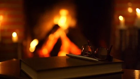 Fireplace burning, cozy situation with a rustic household, brick decor Stock Footage 88791323