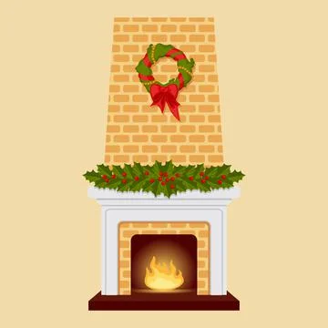 Fireplace with a burning fire and decorations Stock Illustration