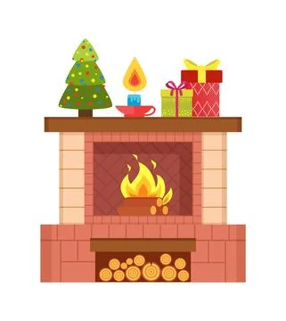 Fireplace with Burning Fire, Decorated Spruce Tree Stock Illustration