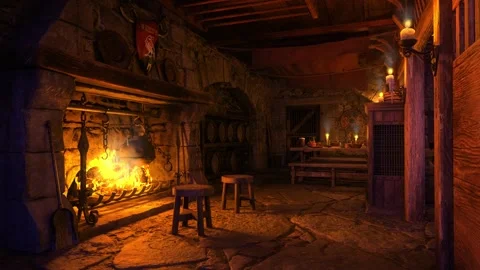 Fireplace with burning fire in an old medieval tavern bar. Candles flicker .. Stock Footage 241814307