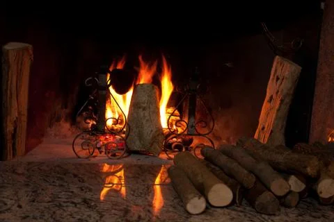 Fireplace with burning fire Stockfoto's