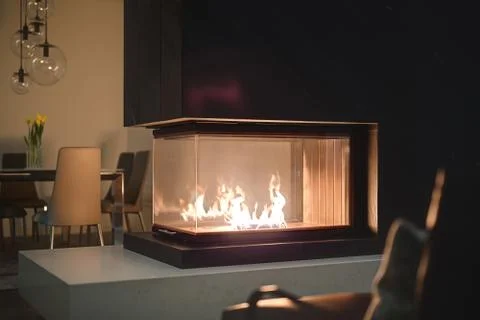 Fireplace with burning fire 스톡 사진