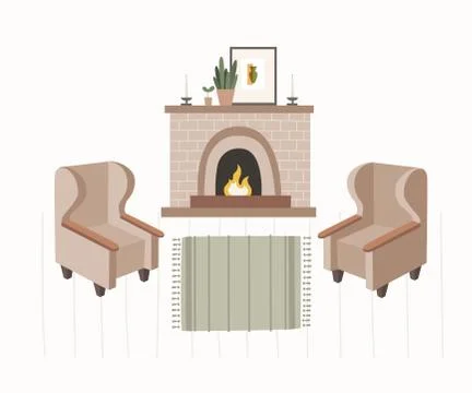 Fireplace with burning fire, soft armchairs, flower in pot, picture, carpet. Stock Illustration