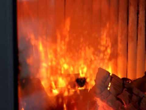 Fireplace with burning firewood inside Stock-Footage 72486060