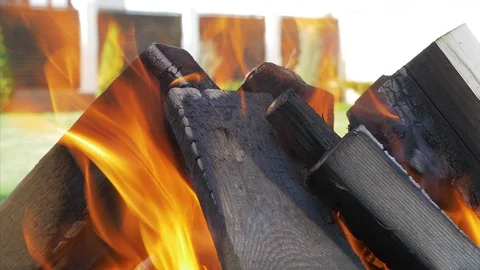 Fireplace burning. Warm cozy burning fire in a brick fireplace close up. Cozy ba Video stock 71129702