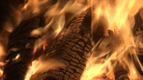 Fireplace burning wood log four, close-up Stock Footage