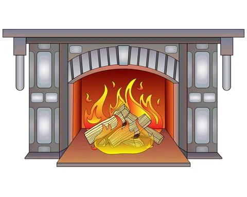 Fireplace with burning wood - vector full color illustration. Burning hearth. Stock Illustration