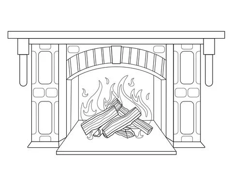 Fireplace with burning wood - vector linear illustration for coloring. Stock Illustration