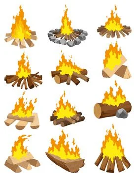 Fireplace campfire different types. Burning wood collection, travel and Stock Illustration