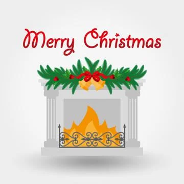 Fireplace with Christmas decorations. Icon. Vector. Flat. Stock Illustration