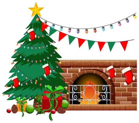Fireplace with Christmas tree and objects on white background Stock Illustration
