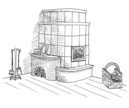 Fireplace in the corner of the room. Vector illustration in a sketch style. Stock Illustration