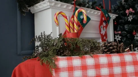 Fireplace decorated with Christmas decorations Stock Footage 98967217