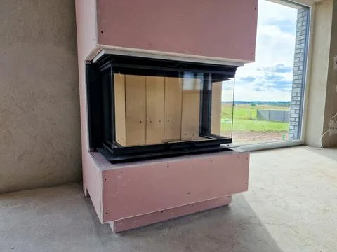 Fireplace design project under progress Stock Photos