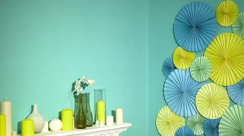 Fireplace with a fan of turquoise wall Video stock 62308950