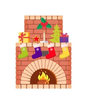 Fireplace, Fire Burning Inside Brick Arch, Vector Illustrazione stock