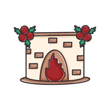 Fireplace with fire decorated with balls and fir branches cartoon clipart Stock Illustration