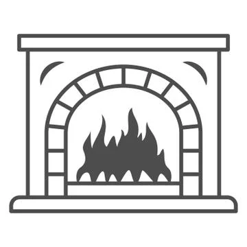 Fireplace with fire thin line icon, New Year concept, Christmas fireplace sign Stock Illustration