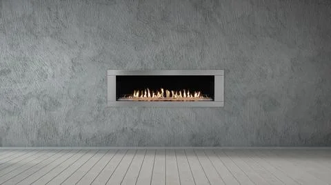 Fireplace on grey concrete wall in empty living room interior of house Ilustración de archivo