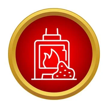 Fireplace icon on a red button with burning fire Stock Illustration