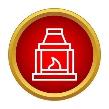 Fireplace icon on red button with golden frame Stock Illustration