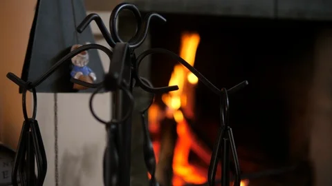 Fireplace iron tool sets in the attic. Fireside set. Isoltated close-up. Stock Footage 123608665