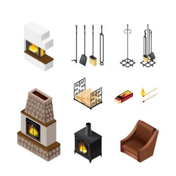 Fireplace Isometric Elements Set Illustrazione stock