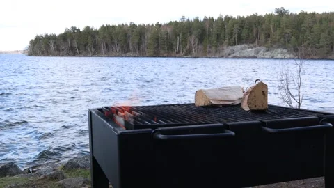 Fireplace at a lake. Video stock 253075108