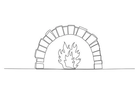 Fireplace one continuous line illustration. Hand drawn sketch Stock Illustration