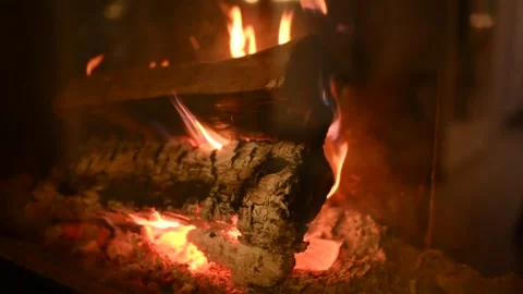 Fireplace With Real Flames And Burning Logs, Slowmotion Stock Footage 263887908