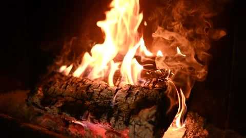 Fireplace With Real Flames And Burning Logs, Slowmotion Stock Footage 263887922