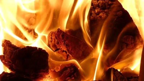 Fireplace - Red Hot Fire Flames of Burning Coal in the Stove Stock Footage 85216798