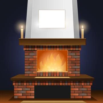 The fireplace is retro, with a burning fire, of red brick with candles on a d イラスト素材
