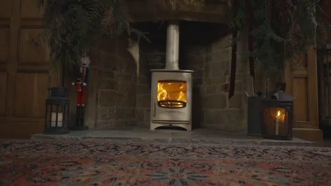 A fireplace with a stove in the middle of it Stock Footage 302470526