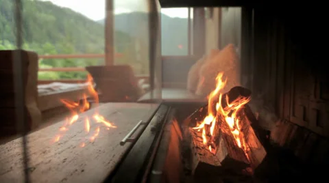Fireplace Surrounded by Glass Stock Footage 36052591