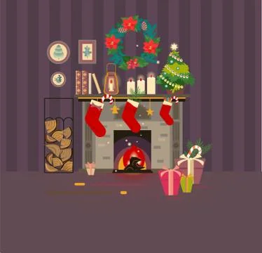 Fireplace vector image. Winter holiday background Illustrazione stock