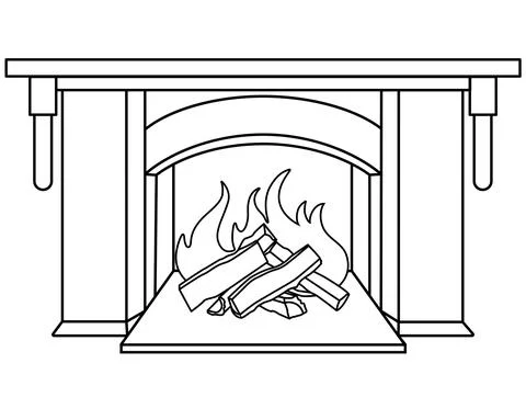 Fireplace - vector linear picture for coloring. Outline. Burning wood Stock-Illustration
