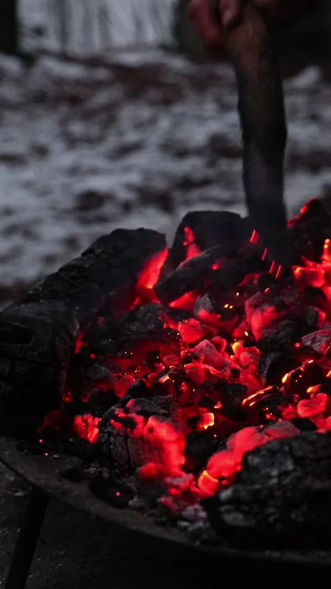 Fireplace at winter camping site close up Stock Footage 233107336