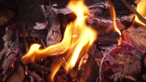 Fireplace wood flames ash close up slow motion Stock Footage