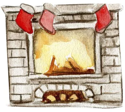 Fireplace with yellow light from it and socks for Santa. Watercolor Christm.. Stock Illustration