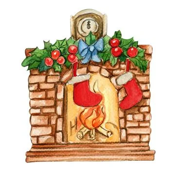 Fireplace with yellow light from it and socks for Santa. Watercolor Christmas Stock Illustration