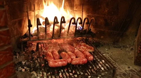 Fireproof glove of chef while cooking sausages in the restauran Video stock 58800399