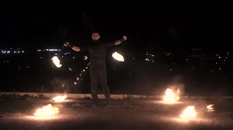 Fireshow on city background Stock Footage 68969541