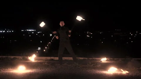 Fireshow on city background Stock Footage 68970022