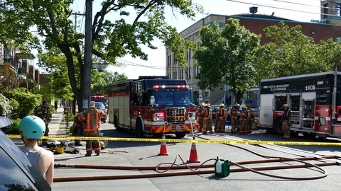Firetruck backing of at intervention Stock Footage 114814929