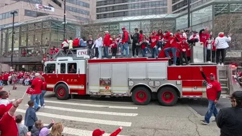 Firetruck float full of Cincinnati Reds Fans during the Opening Day Parade 2025. Stock Footage 306201295