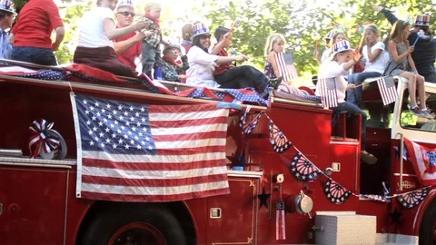 Firetruck in Parade in U.S.A Small Town Stock Footage